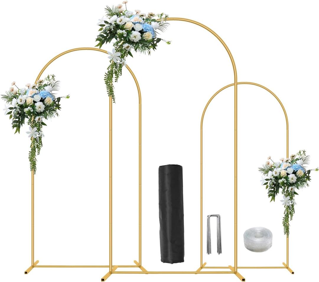 Metal Arch Backdrop Stand Set of 3(6 ft, 5 ft, 4 ft) Party Arch Stands for Valentines Day, Wedding, Birthday, Baby Shower, Bridal Shower,Balloon Arched Frame for Garden Decor, Gold Floral Arches