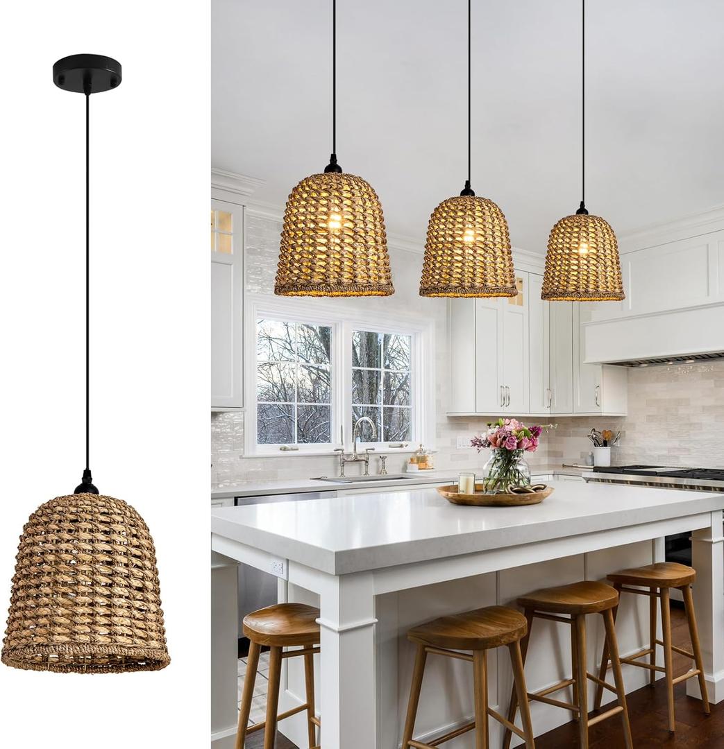 Mini Rattan Pendant Light Fixtures,9.5" Boho Pendant Light,3-Pack Hand Woven Seagrass Rattan Chandelier for Dining Living Bedroom Kitchen Farmhouse