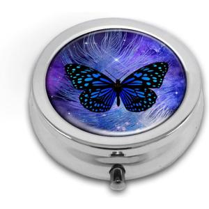 Pill Box,Butterfly Purple Galaxy Feather Round Pill Box 3 Compartment Decorative Pocket Purse Portable Mini Travel Medicine Tablet Vitamin Holder Organizer Pill Case