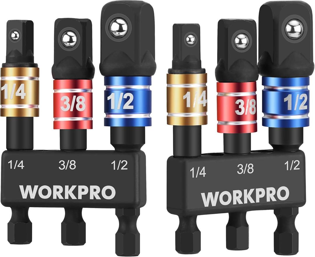 WORKPRO Impact Grade Socket Adapter Set, 1/4", 3/8", & 1/2" Drive, Extension Driver Bit With Holder, for Power Drill to High Torque Impact Wrench, 6PCS