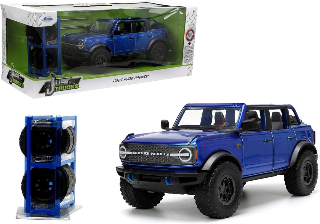 Just Trucks 1:24 2021 Ford Bronco Die-Cast Car & Tire Rack, Toys for Kids and Adults(Candy Blue) Just Trucks 1:24 2021 Ford Bronco Die-Cast Car & Tire Rack, Toys for Kids and Adults(Candy Blue)