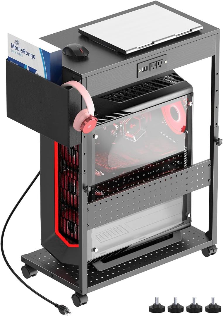 PC Stand with Charge Station,Computer Tower Stand on Wheels, Black