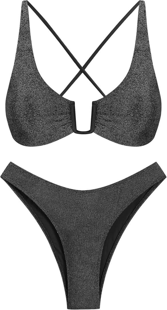 ZAFUL Women's Two Piece Swimsuit Textured U-Wired Metal Criss Cross String Bikini High Leg Bathing Suits (Large, Shine-black-1)