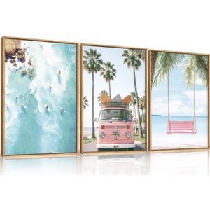 Large Summer Beach Surfing Scene Framed Canvas Wall Art Set,Coastal Pink Van and Surfboards Wall Decor,Trendy Beach Swing Palm Trees Artwork for Living Room,Bedroom-16 x24 x3