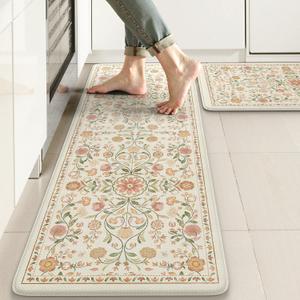 KIMODE Anti Fatigue Mats for Kitchen Floor Non Slip,Farmhouse Boho Floral Standing Kitchen Rugs Sets of 2,Comfort Cushioned Padded Ergonomic Carpet for Laundry Sink Office,Beige, 17.3" x 47 "+ 17.3" x 29 "--0.47 inches