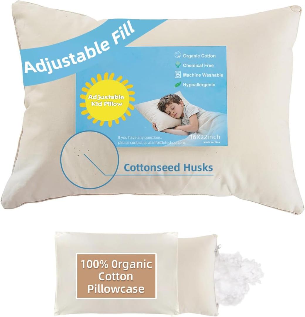 Organic Kids Pillow with Pillowcase - 16x22 Youth Pillow with 100% Organic Cotton Shell, Adjustable Loft Organic plilow, Machine Washable, Soft, Hypoallergenic, Perfect Pillows for Kids&Youth (Off White)