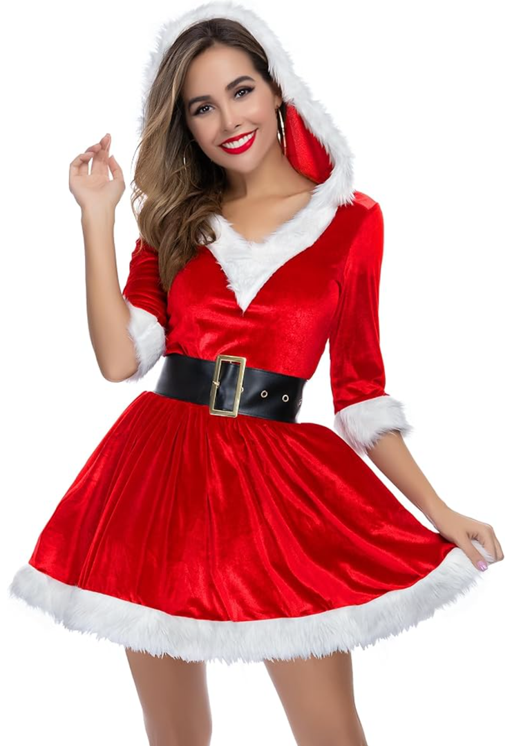 Soyoekbt Women's Mrs. Claus Santa Costume Red V-Neck Adult Costume for Christmas XL