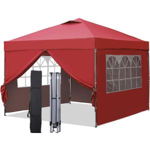 GDY 10x10 Easy Set Up Camping Canopy, Pop Up Tent with 4 Piece Sidewalls, Easy Up Canopy for Events, Parties, Gatherings, Camping, Red.