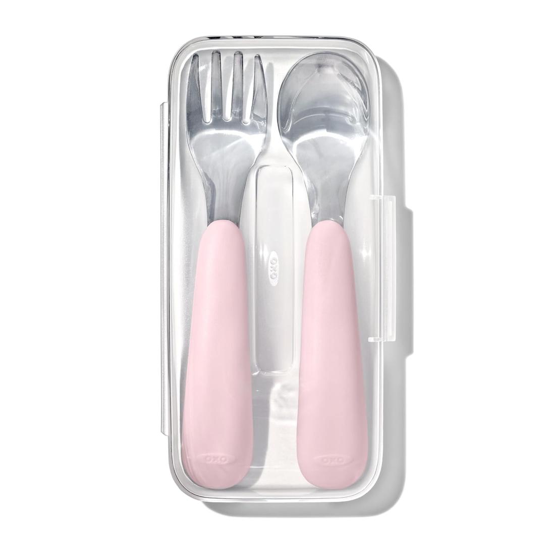 OXO Tot On-The-Go Fork and Spoon Set, Blossom | Toddler Utensils, Baby Food Utensils, Compact Travel Case, Stainless Steel, Meals On-the-Go, Baby Registry, Dishwasher Safe
