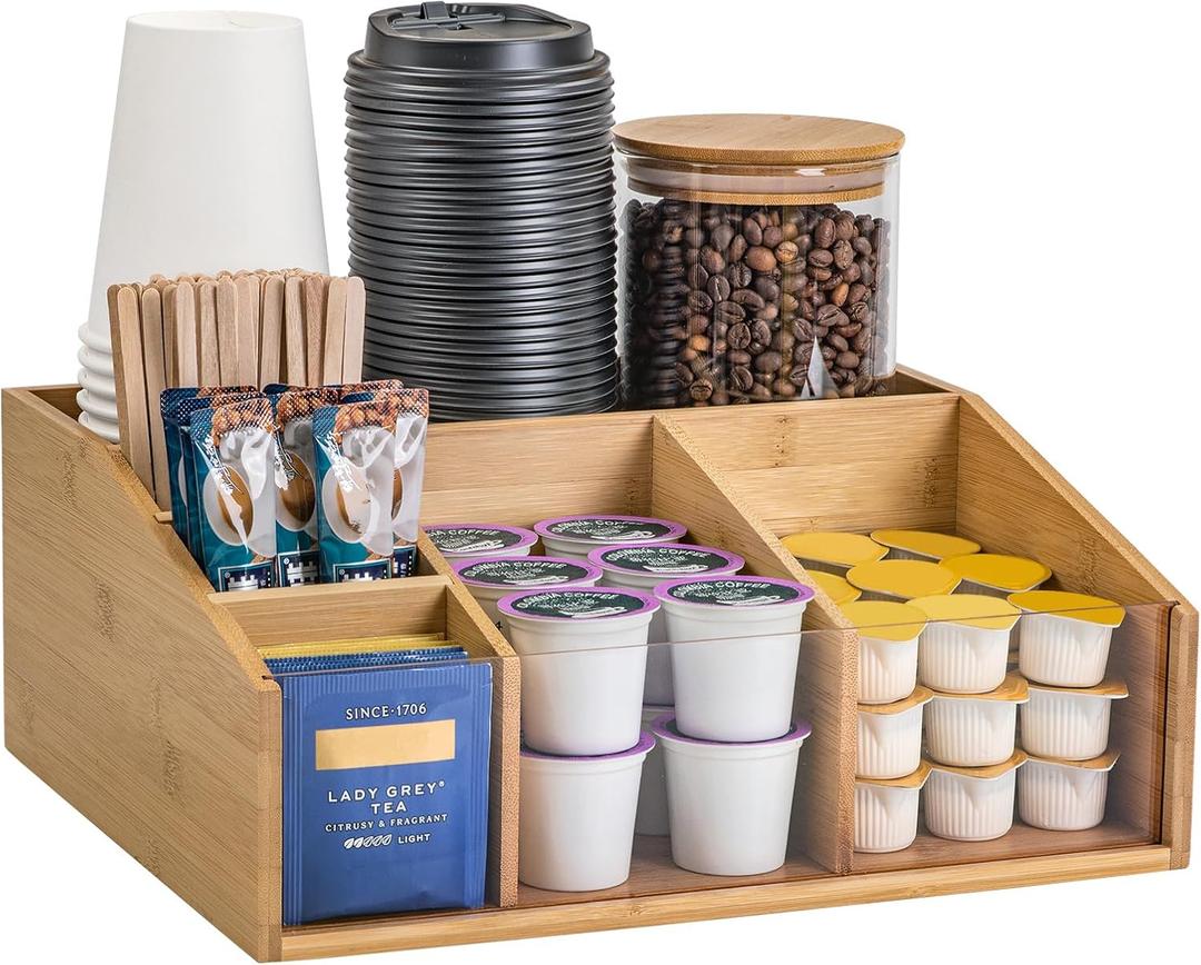 Bamboo Coffee Station Organizer for Countertop, Coffee Bar Accessories Organizer with 6 Compartments for Tea Bags Condiment, Pods, Creamer, Syrup, Cups