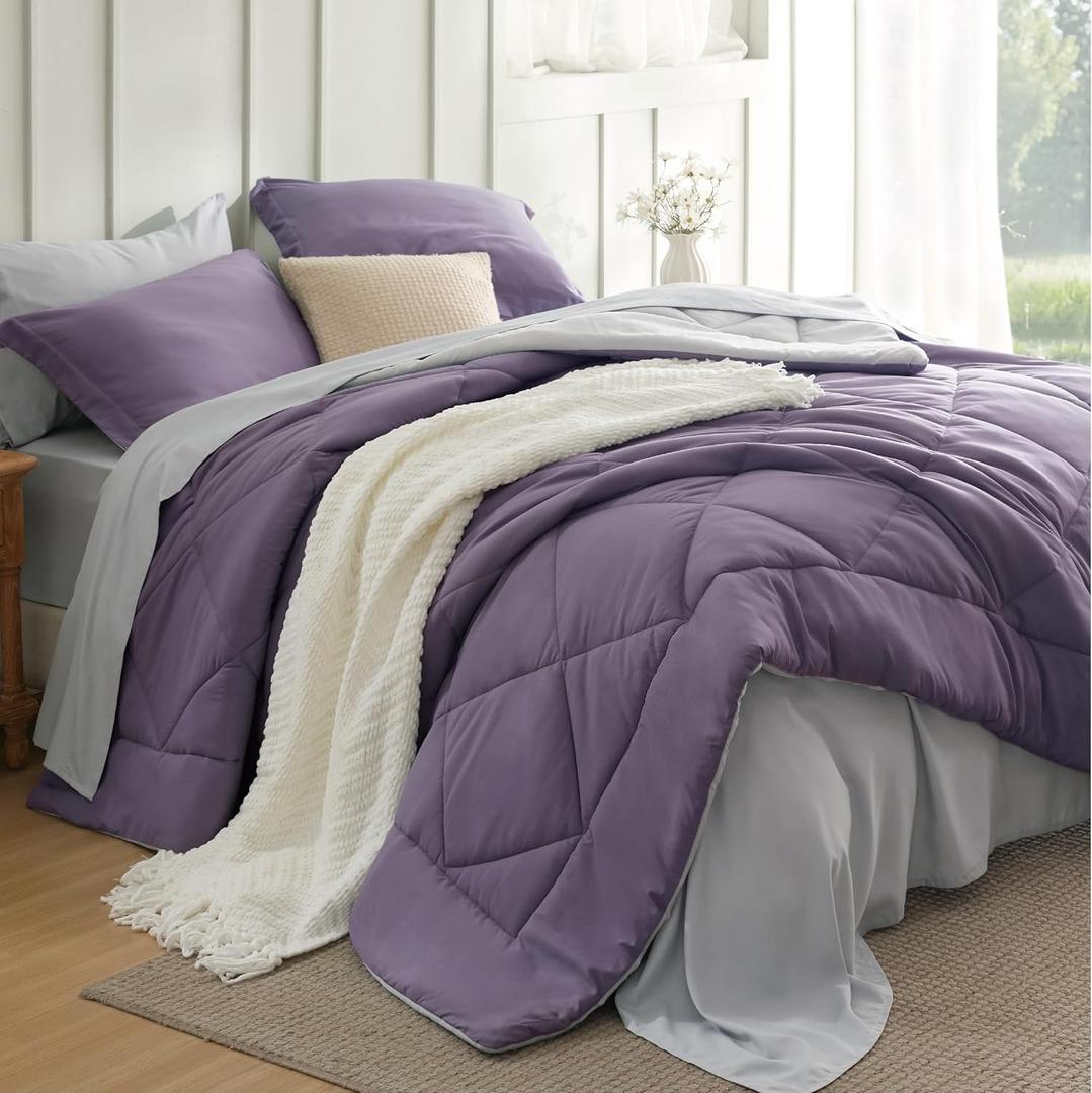 Bedsure Full Size Comforter Set - 7 Pieces Reversible Grayish Purple Bedding, Full Size Bed Set for All Seasons, Bed in a Bag with Down Alternative Comforter, Sheets, Pillowcases & Shams