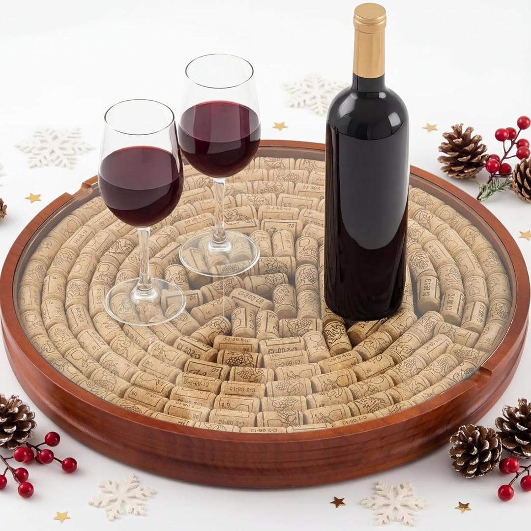 Wine Cork Holder Decorative Christmas Wine Lover Creative Gift Wooden Lazy Susan for Countertop with Glass Protective Cover Can Store 130 Corks Stoppers Display Kitchen Bar Table Centerpieces