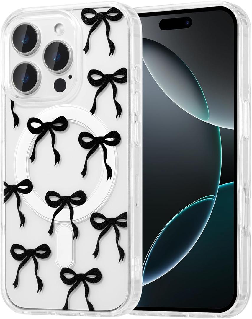 UEEBAI Magnetic for iPhone 16 Pro Case, Bow Case Compatible with MagSafe, Wireless Slim Clear Ribbon Aesthetic Phone Cover Anti-Yellowing Shockproof Protective Cover for Women Girl - Black