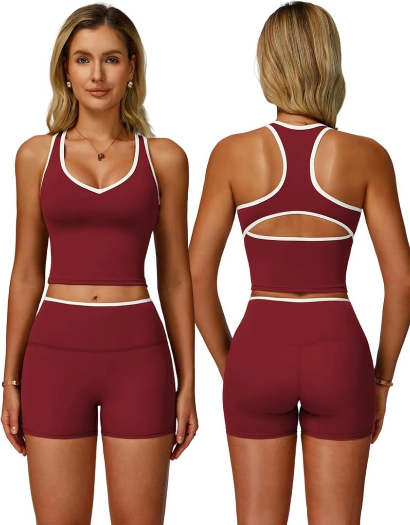 Women 2 Piece Workout Sets Racerback Color Block Tank Top High Waist Tummy Control Shorts Yoga Outfits (Red, M)