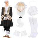 Funtery Washington Costume Founding Father Colonial Historical Judge Halloween Cosplay Accessories White Powdered Wig Jabot Collar Socks for Men Adult