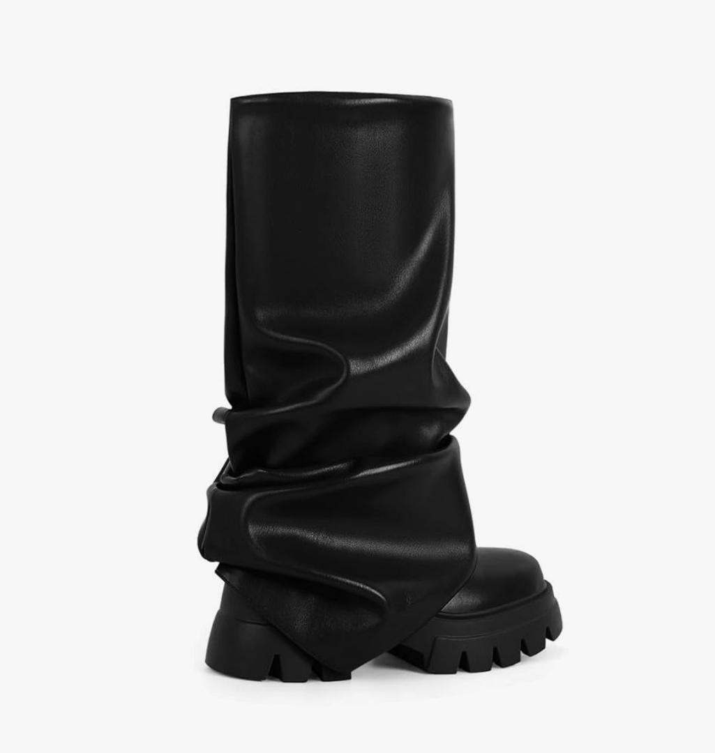 Women's Platform Round Toe Fold Over Mid Calf Boots Chunky Heel Pull-On Fashion Shark Booties for Ladies Party Shoes Black 8,5