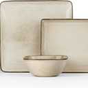 E-far Square Plates and Bowls Sets, 12-Piece Stoneware Dinnerware Sets for 4, Reactive Glaze Dish Set, Chip and Scratch Resistant, Microwave and Dishwasher Safe, Sandy Beige