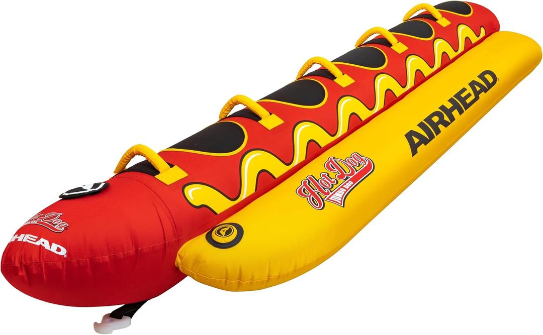 Airhead Hot Dog Towable Tube for Boating, 1-5 Rider Inflatable Boat Tube for Water Tubing, Full Nylon Cover, EVA Padding, Foam Padded Handles w/Neoprene Knuckle Guard, Speed Safety Valve