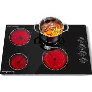 Electric Cooktop 30 Inch - 4 Burners Built-in Ceramic Cooktop, 30" Radiant Electric Stove Top with Knob Control, Hot Surface Indicator, 6700W, 220-240V Hard Wire(No Plug), Size: 30 Inch-6700W