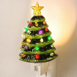 Brightever Ceramic Tree Night Light for Christmas Wall Decorations, 6" H Decorative Christmas Tree Nightlight with Multicolor Bulbs, On/Off Switch, Retro Xmas Decor for Bathroom, Bedroom - Green (1 Pack)