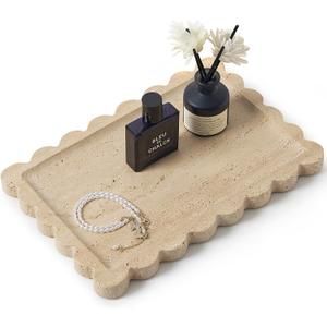 Real Natural Scalloped Travertine Tray for Bathroom, Vanity, Kitchen and Desktop, Decorative Stone Tray for Jewelry, Cosmetics, Candles, Lotion, Perfume and Home Dcor (Travertine, 12" x 8")