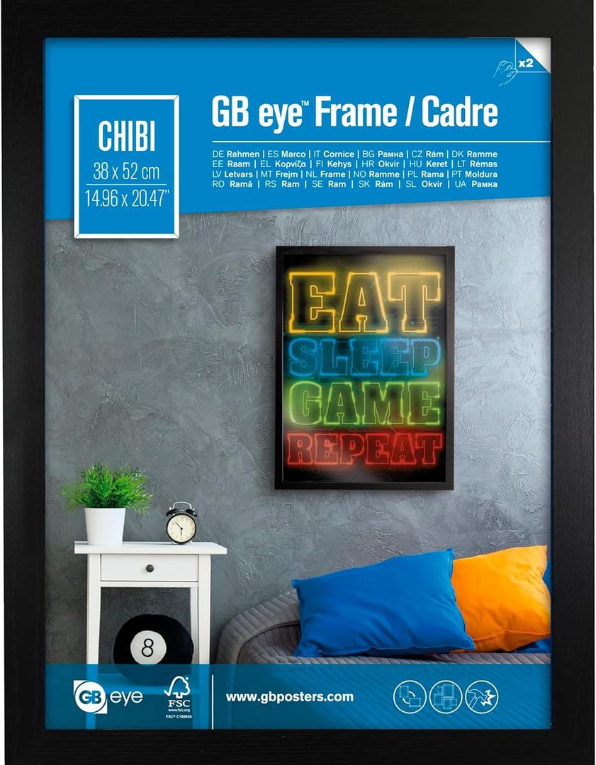 ABYSTYLE GB eye 20.5x15 Frame, FSC Black Wood Poster Frame, scratch proof glazing, Horizontal and Vertical Wall Mounting Display- for Photo Gallery Home Room Office Decor