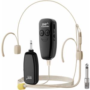 Wireless Headset Microphone, UHF Skin Tone Head Mic Speaker System, Beige Professional Voice Amplifier Microphones, with 164ft Range, Ideal for Teachers Tour Guides Fitness Coaches Conferences (U12B)