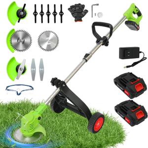 ALSO GO Cordless Weed Wacker, Electric Grass Trimmer with 2pcs 21V Batteries, 3 in 1 Stringless Trimmer, Battery Powered Lawn Edger with Wheels, Lightweight Brush Cutter for Garden Yard Lawn (Green)