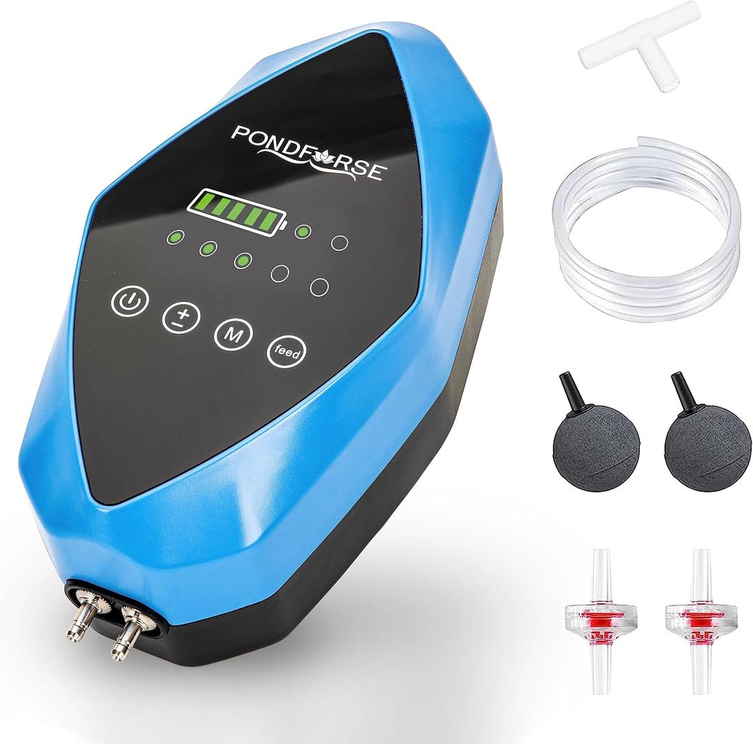 Quiet AC/DC Aquarium Air Pump for up to 600 Gals Tank, 4W/6W Portable Battery Powered Air Pump with Long 48 Hours Battery Life, 2-Outlet Oxygen Pump for Outdoor Fishing