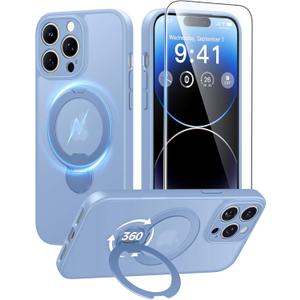 FNTCASE for iPhone 14 Pro-Max Case: [360 Spin Magnetic Stand] [Compatible with Magsafe] [Screen Protector] Translucent Matte Military Grade Shockproof Full Camera Protective Phone Cover - Light Blue