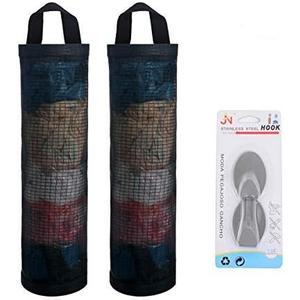 Mesh Garbage Bag Sulimy Plastic Bag Holder Dispensers 2pcs Folding Hanging Storage Trash bags Holders Organizer Recycling Grocery Pocket Containers with 2 Hooks for Home and Kitchen Black