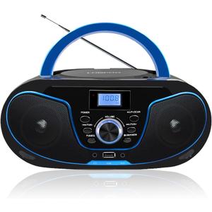 LONPOO Portable CD Boombox, Bluetooth 5.3 Stereo Sound FM Radio with USB/AUX/3.5mm Earphone, AC/Battery Powered for Home Outdoor Kids Elders (LP-D02)