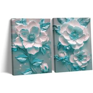 CCWORKERRY White and Teal Flower Canvas Wall Art for Living Room Set of 2 Botanical Floral Pictures Abstract Floral Painting Artwork Framed(Teal,12"x16"x2Pcs)