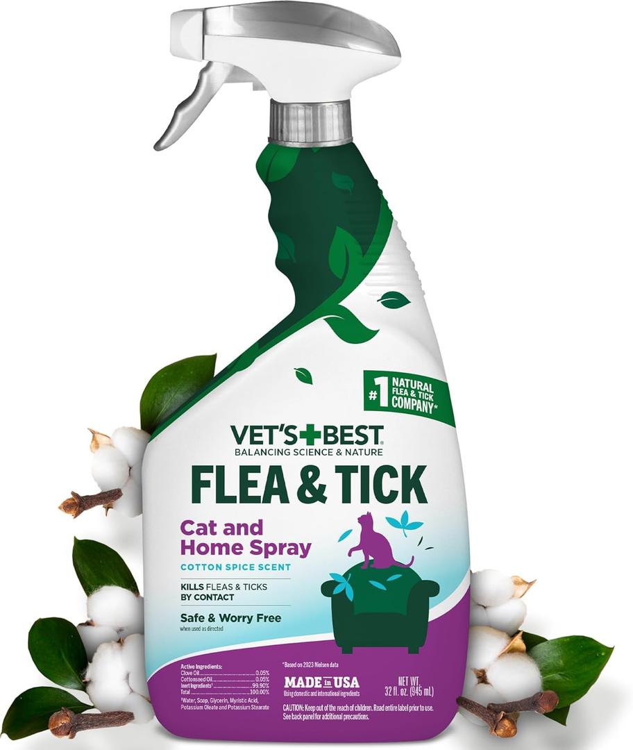 Vets Best Flea & Tick Home Spray for Cats  Plant-Based Flea and Tick Treatment with Cotton Spice Scent  Gentle Flea Mist for Indoor Use  Made in USA Natural Cat Flea Control  32 oz