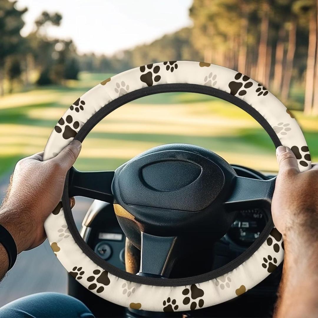 Dog Paw Printed Soft Golf Cart Steering Wheel Cover,Universal Fits 14 Inch Size,Odorless and Anti-Slip Steering Wheel Cover Easy to Install All Weather Protection