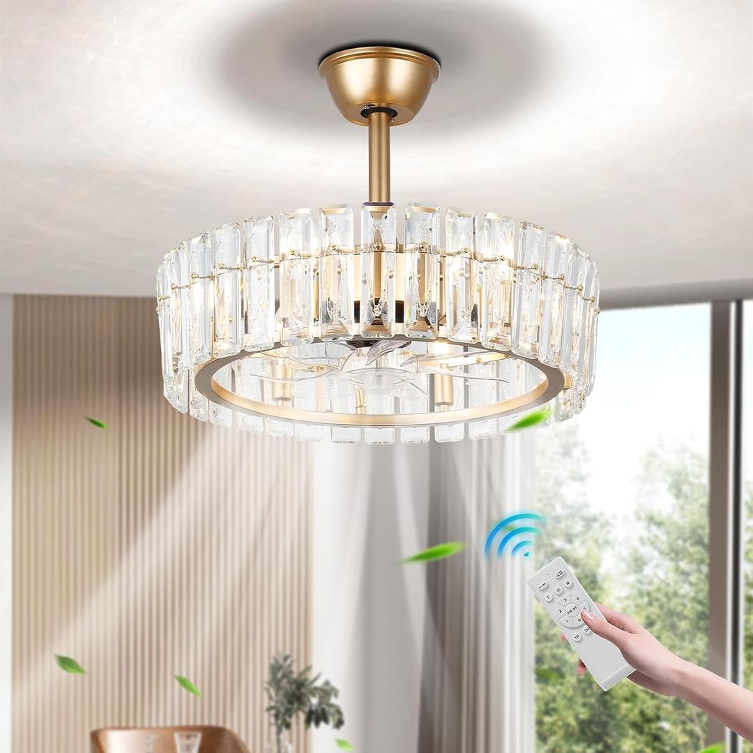 20.7" Modern Crystal Ceiling Fan with Light and Remote, Flush Mount Ceiling Fan Gold Chandelier Ceiling Fans 6 Speeds and Timer Fandelier for Living Room Bedroom