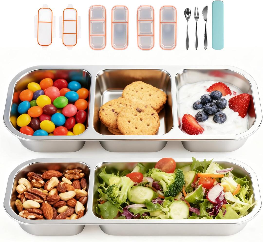 4 Pack Stainless Steel Snack Containers with Lids, Leak-Resistant Lunch Boxes Set with Cutlery 2 x 2-Compartment & 2 x 3-Compartment, Reusable for Snacks, Lunch, Picnic & Hiking