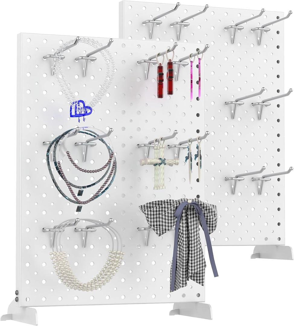 TORACK Pegboard Display Stand for Craft Shows & Fairs, 12 x 16 in Metal Tabletop Pegboard Display with Hooks for Christmas Fair Event(White, Pack of 2)