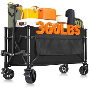 Favoyard Collapsible Wagon Carts Foldable 150L & 360LBS Portable Folding Wagons with All-Terrain Wheels & Brakes Heavy Duty Outdoor Utility Cart for Beach Grocery Camping Shopping Sports Garden, Black