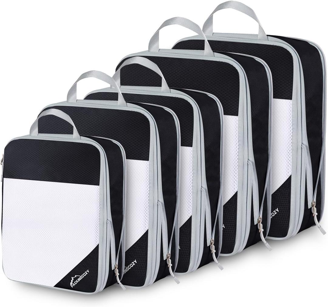 Compression Packing Cubes, 5 Set Packing Cubes for Travel Compression, Lightweight Compressible Package Organizer for Carry On and Suitcases, Black