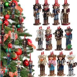 24 Pcs Christmas Nutcracker Ornaments 4.7 Inch Wooden Hanging Nutcrackers Figure for Christmas Tree Hanging Double-Sided Printing Holiday Decor Xmas Party Supplies(Western Cowboy)