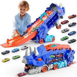 Intoypad Dinosaur Truck Toys for Kids, Transforms into Triceratops with Race Track Set, Ultimate City Dinosaur Transporter Hauler with 4 Cars, Birthday Gifts Toys for Boys 3 4 5 6 7 8 Years Old Blue