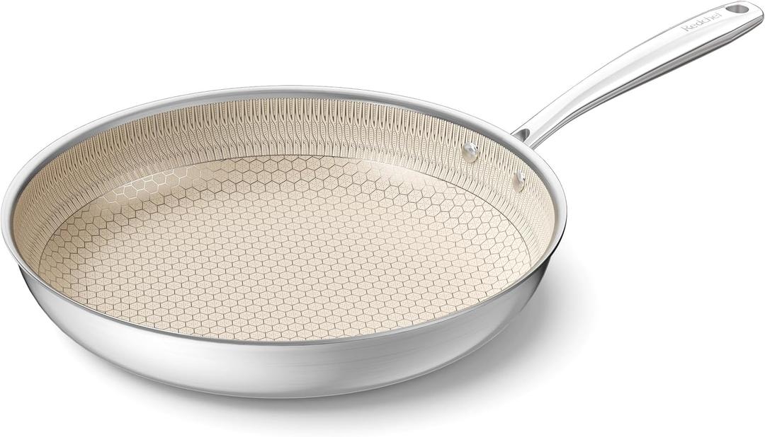Redchef Non Stick Frying Pans, Hybrid Ceramic Frying Pan, Nonstick Skillet with Stay-Cool Handle, Non Toxic, PFAS PFOA & PTFE Free, Dishwasher & Oven Safe, Compatible All Cooktops (Beige, 12 inch)