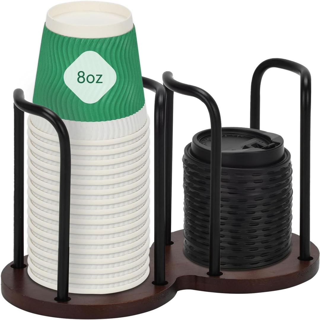 Paper Cup Dispenser and Lid Organizer, Double Compartment Storage Holder for 8oz Coffee Cups, Bathroom, Coffee Station (Black Rail)
