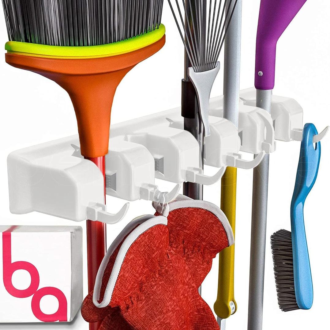 EXTRA GRIP Mop & Broom Holder Wall Mount - Wall Hanging Garden Tool & Utility Closet Organizer, Mop & Broom Hook, Broom Hanger Wall Mount, Mop Broom Organizer, Wall Mounted Broom Rack Mop Storage (1 Pack, White)