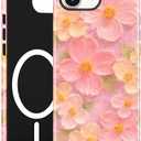Jusy Compatible with MagSafe Floral Case for iPhone 14 Pro, Aesthetic Oil Painting Flower Magnetic Phone Case, Soft TPU and Hard PC Protective Cover for Women Girls (Shiny) - Pink Flower