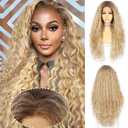 SAPPHIREWIGS Curly Lace Front Wigs Synthetic Water Wave Wigs for Women Heat Resistant Hair Replacement Wig Highlight Blonde with Dark Root Wet and Wavy Pre Plucked Hairline 26inch