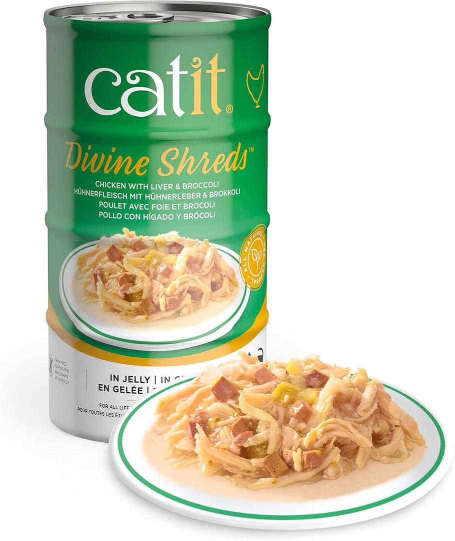 Catit Divine Shreds in Jelly, Premium Wet Cat Food, Chicken with Liver & Broccoli (3 Ounce (Pack of 4))