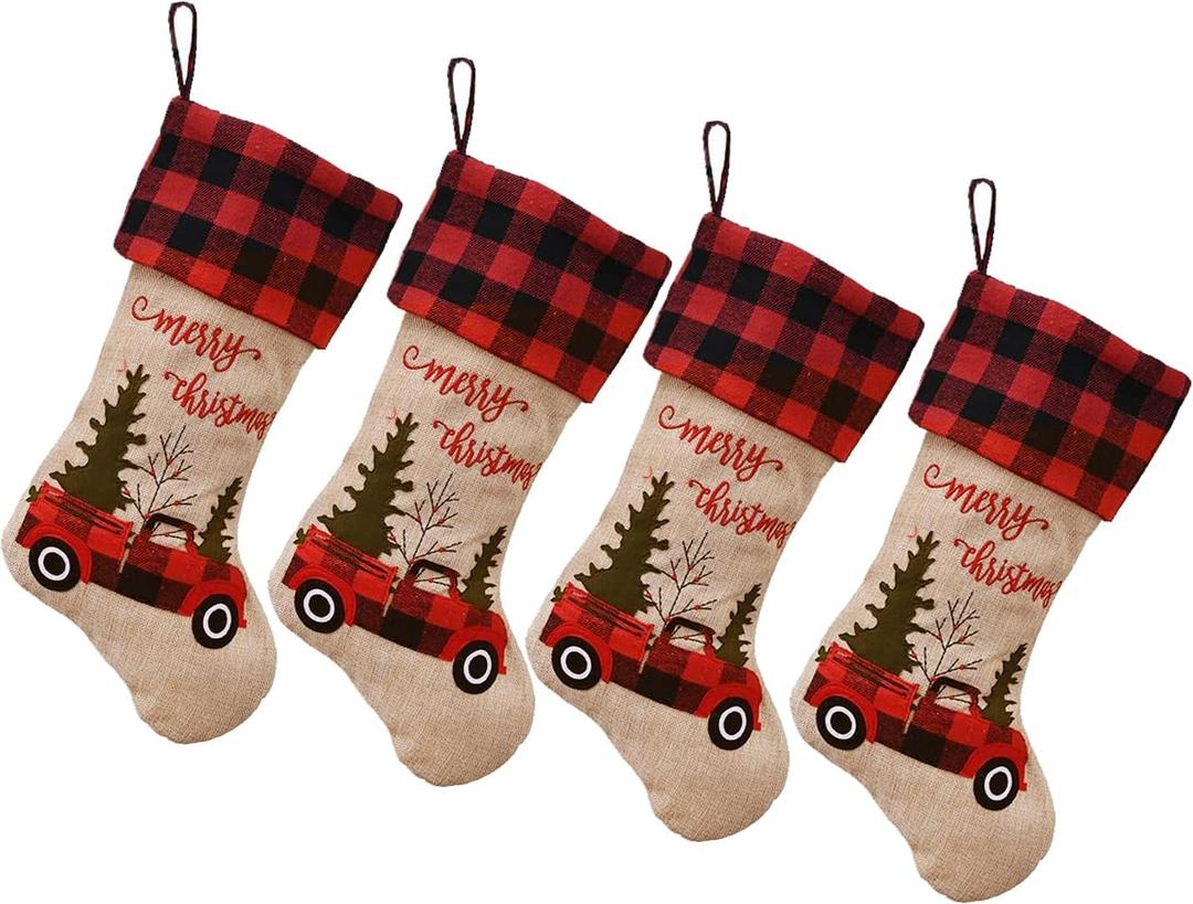 XIUSHE 4PCS Burlap Christmas Stockings Xmas Fireplace Hanging Stockings,Truck Christmas Buffalo Plaid Stocking Classic Stocking for Family Xmas Decoration Holiday Season Party Decor (4,Plaid Style)
