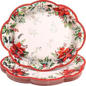 Fancy Land Christmas Oval Paper Plates Disposable Poinsettia Platters for Dinnerware Holiday Party Trays Decor Supplies 10 x 12 Inches 24Pcs
